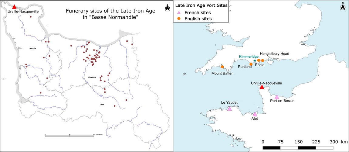 Map of Late Iron Age cross-Channel port sites and Basse-Normandie funerary sites