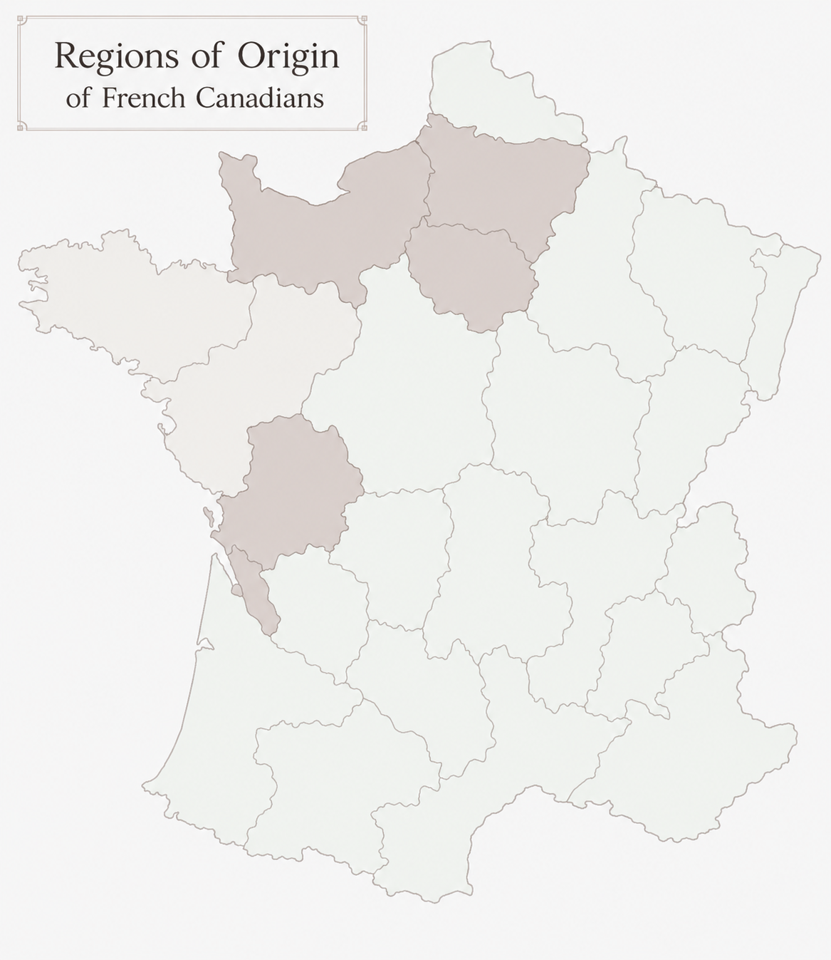 Map of France showing the regions of origin of French Canadians: Lower Normandy, Picardy and Nord-Pas-de-Calais, Île-de-France, and Poitou-Charentes highlighted; Brittany and Pays de la Loire shaded lightly.