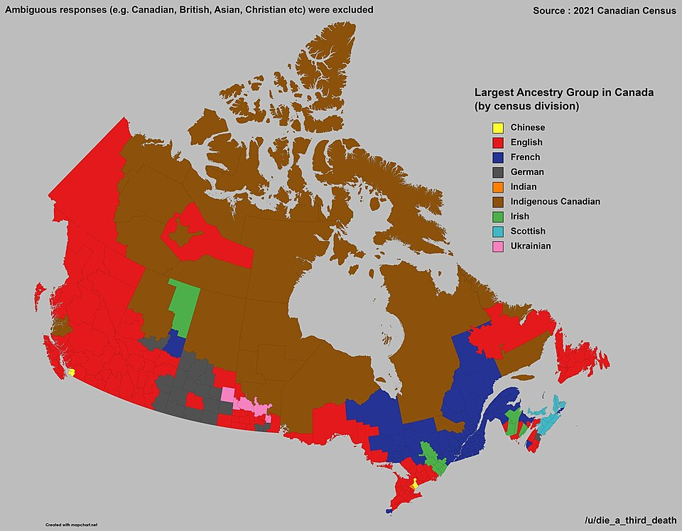 Canada: Largest Ancestry by Census Division, 2021. English in the West and Atlantic, French in Quebec and Acadia, German in southern Saskatchewan, Ukrainian in central Manitoba, Indigenous in the North, Scottish in PEI and Cape Breton.