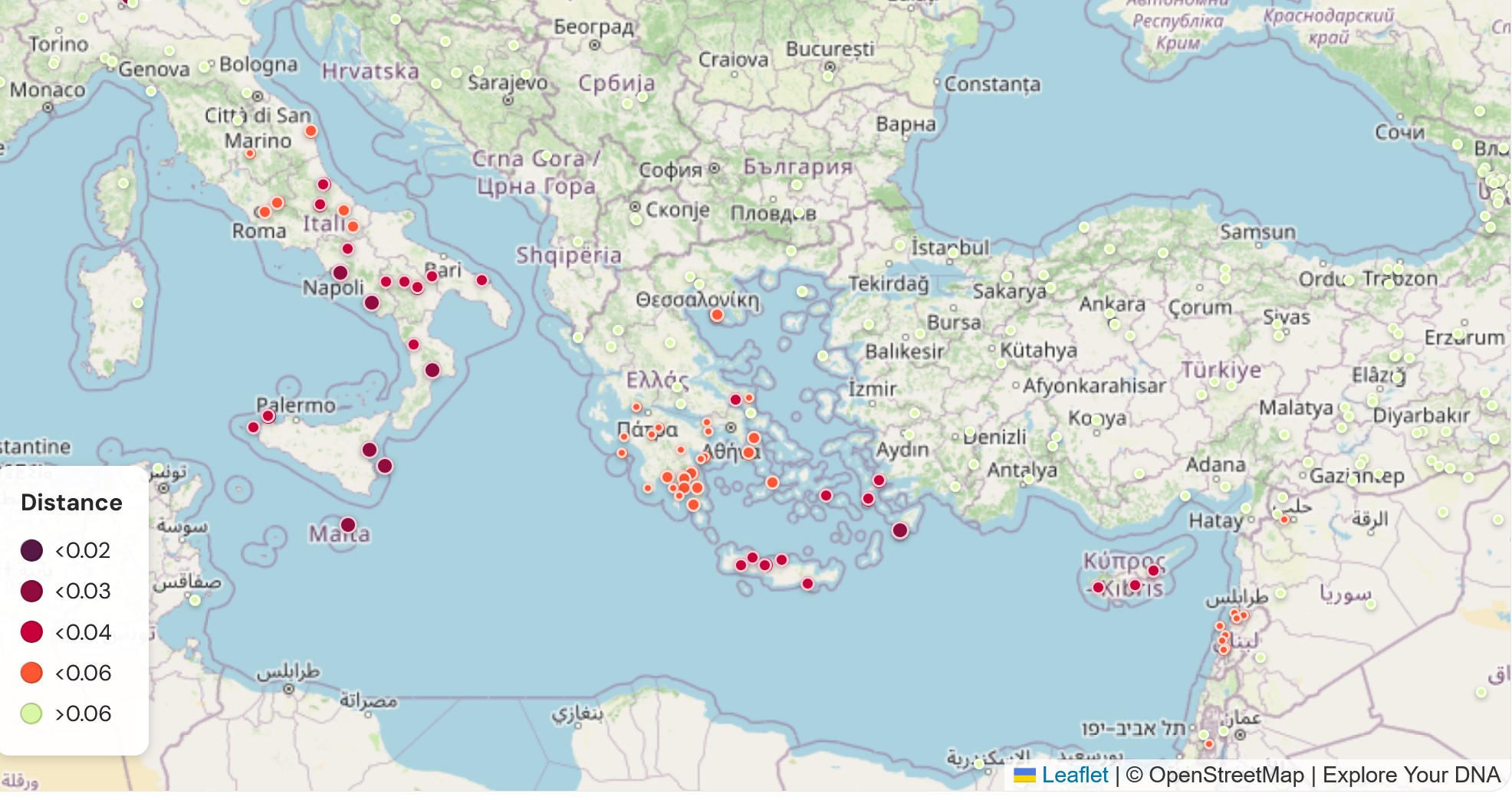 G25 similarity map of the Mediterranean showing Italkim Jews closest to populations in southern Italy, Sicily, Malta, the Aegean and Cyprus, with longer distances to Anatolia and the Levant.