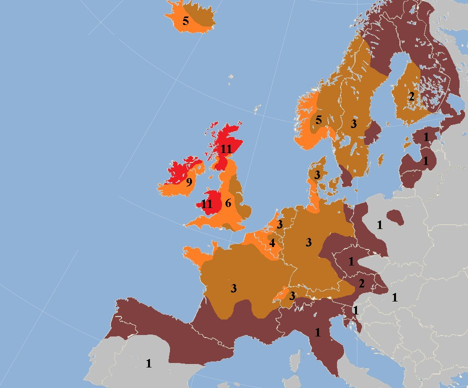 Eupedia map of red hair frequency across Europe, showing peaks of 9 to 11 per cent in Ireland, Scotland and Wales, with a sharp drop east and south of the Loire-Rhine line.