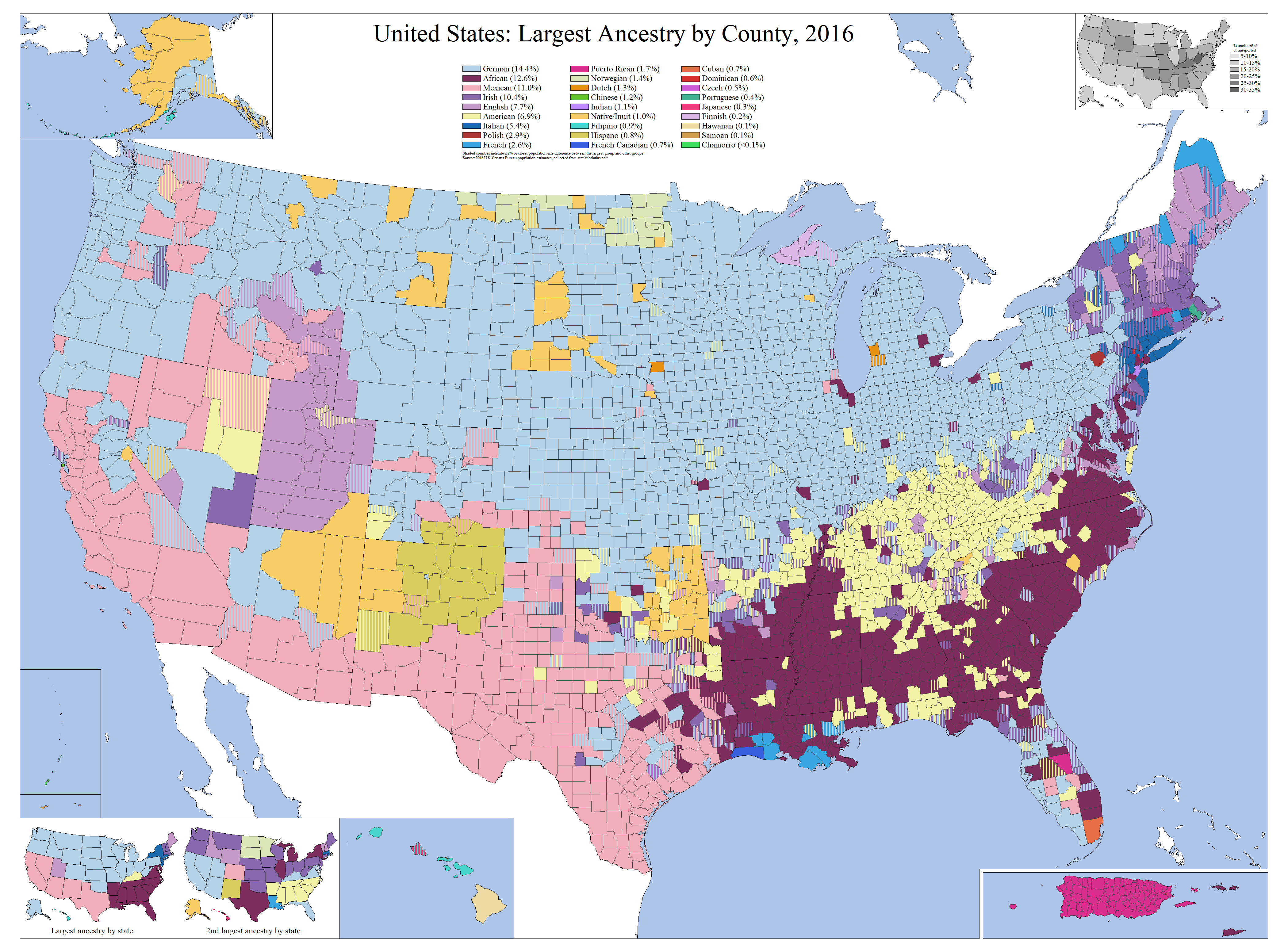 United States: Largest Ancestry by County, 2016. German dominates the Midwest, African ancestry the Deep South, Mexican the Southwest, Irish much of the Northeast, English the Mountain West and northern New England, American much of Appalachia.