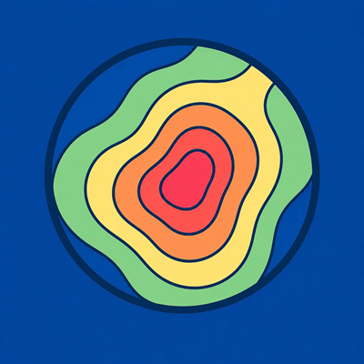 Example genetic heatmap: concentric colour bands from red at the ancestral core through orange, yellow and green to blue at the edges