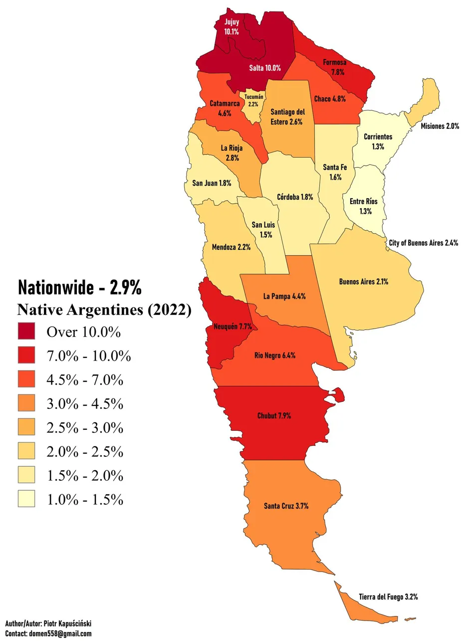 Map of self-identified indigenous Argentines by province, 2022, by Piotr Kapucinski