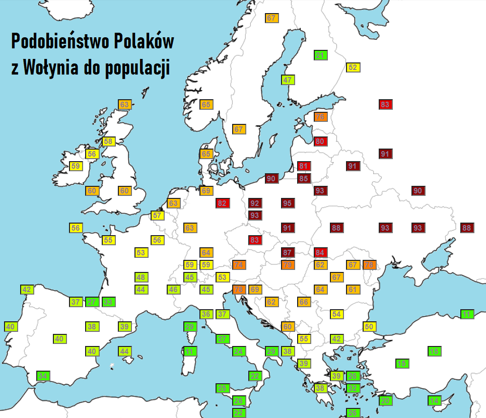 Genetic similarity map of Poles from Volhynia to European regional populations