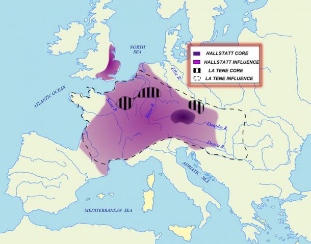 Map showing Hallstatt core and influence zones (purple) and La Tène core and influence zones (striped), covering most of Western and Central Europe during the Iron Age.