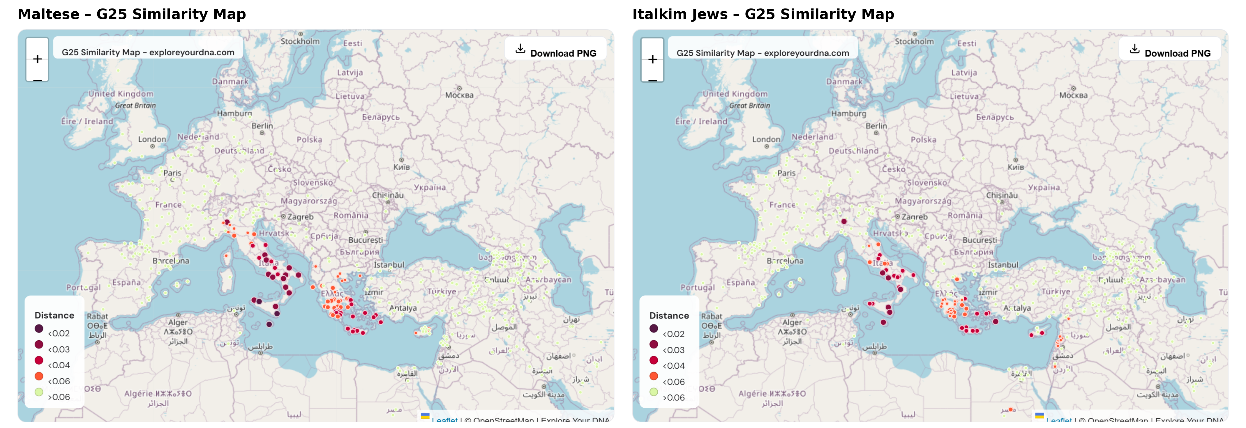 Global25 similarity maps for Maltese and Italkim Jews showing strongest similarity localized to Southern Italy, Sicily, and adjacent central Mediterranean regions